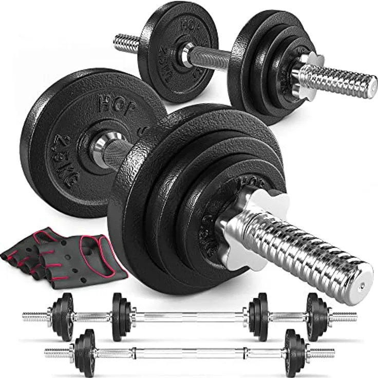 HS HOP-SPORT 2in1 Kurzhanteln & Langhantel Set - Gusseisen Hanteln Set 20kg mit Verbindungsrohr - inkl. Trainingshandschuhe, schwarz