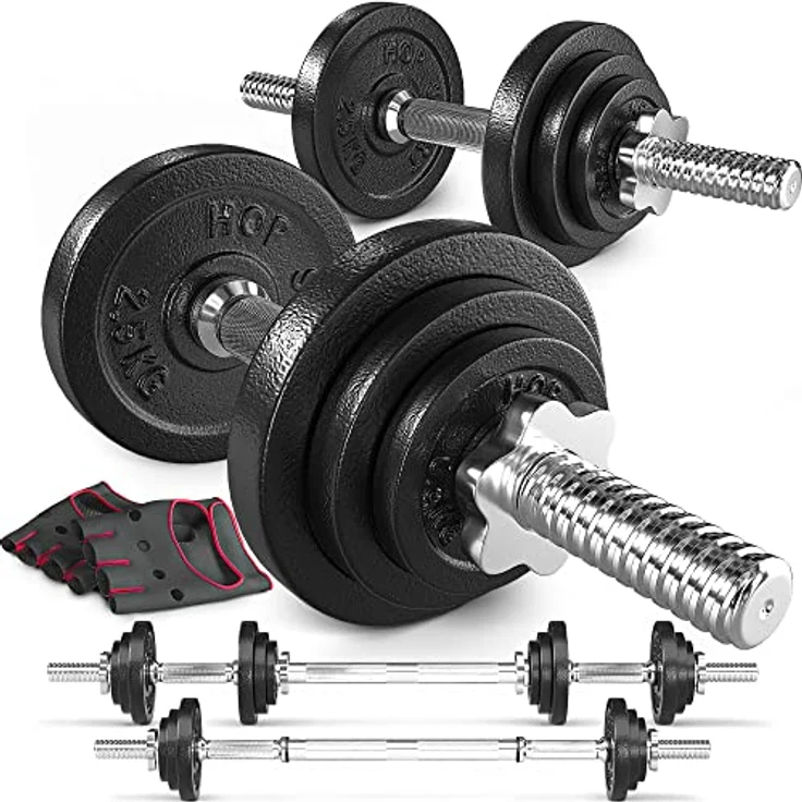 HS HOP-SPORT 2in1 Kurzhanteln & Langhantel Set - Gusseisen Hanteln Set 20kg mit Verbindungsrohr - inkl. Trainingshandschuhe, schwarz – Bild 1