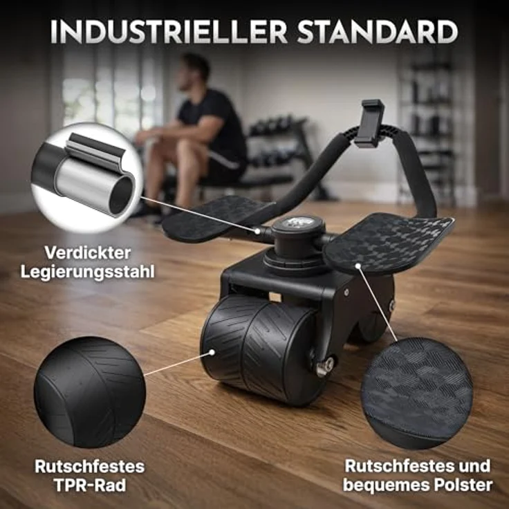 NEOLYMP Bauchroller – Patentierter Bauchtrainer mit Unterarm-Auflagepads, extra breiter Stabilität, 5 Einstellstufen für gerade & seitliche Rollouts, integrierte Handyhalterung – Bild 5