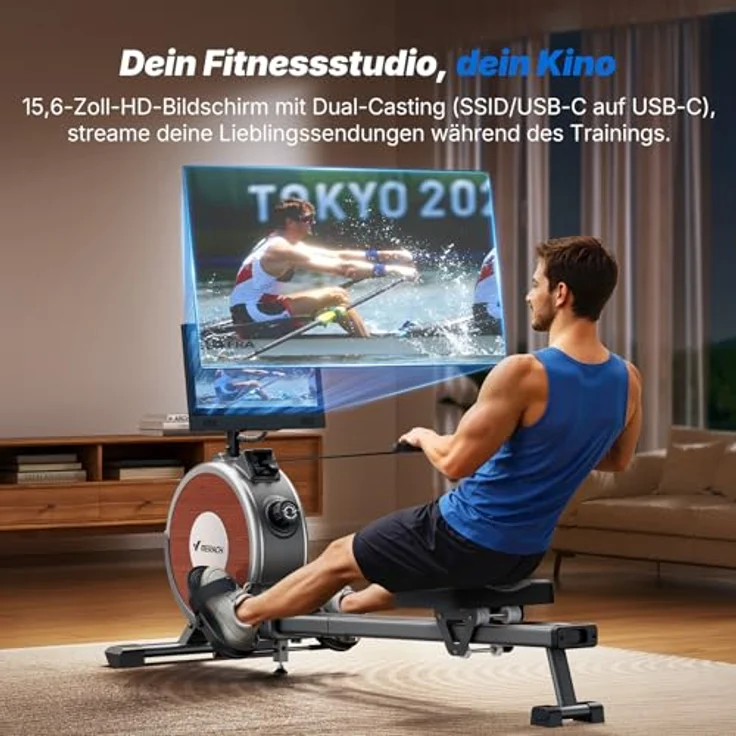 MERACH Rudergerät mit 15,6-Zoll-HD-Drehbildschirm, magnetisches Widerstandssystem, Bluetooth-Konnektivität, stabil bis 158 kg – Bild 2