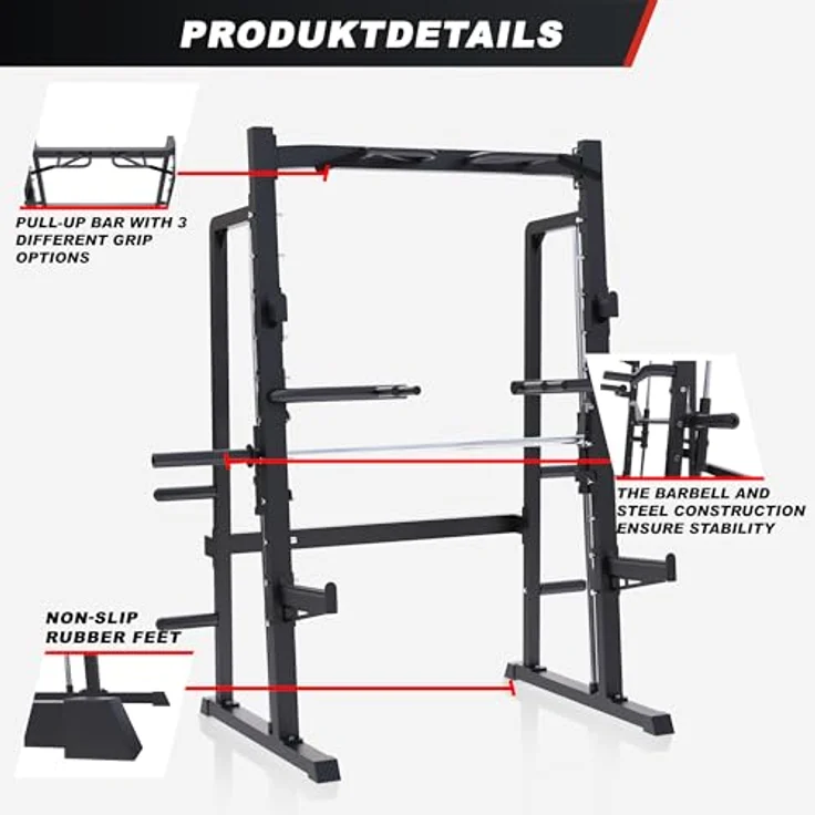GORILLA SPORTS® Half Rack Smith Machine - Schwarzes Squat Rack mit Klimmzugstange, für 30/50mm Hantelscheiben, Maximale Belastbarkeit 300 kg – Bild 7
