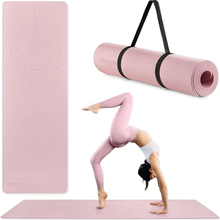 HyperMotion Yogamatte Lotus, rutschfestes TPE mit 6mm Stärke, 183x61 cm, rosa, inkl. Tragegurt – Bild 1