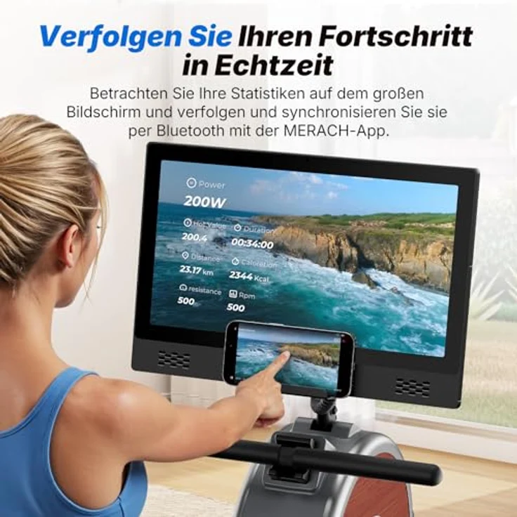 MERACH Rudergerät mit 15,6-Zoll-HD-Drehbildschirm, magnetisches Widerstandssystem, Bluetooth-Konnektivität, stabil bis 158 kg – Bild 3