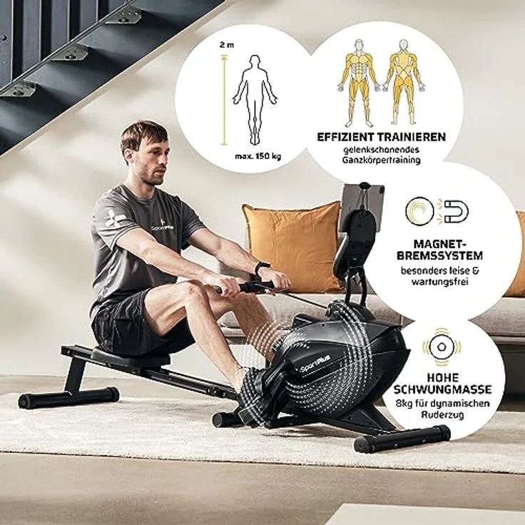 SportPlus Rudergerät für zuhause | Mit oder ohne Bluetooth, klappbar, leises Magnetbremssystem, 8 Widerstandsstufen, Schwungmasse 8kg, kugelgelagerter Rudersitz – Bild 3