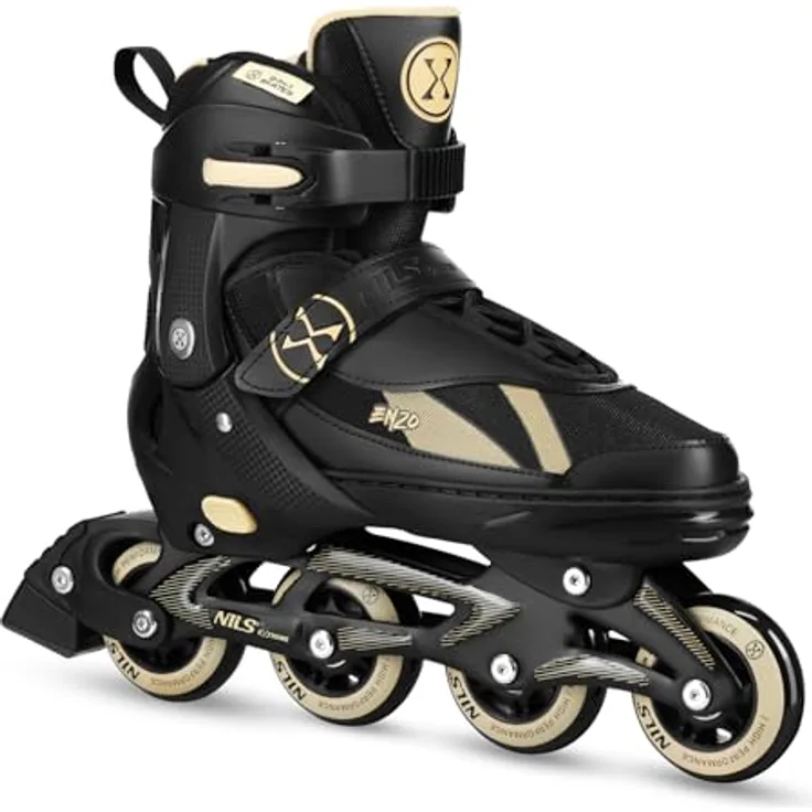 NILS CAMP 2-in-1 Inline Skates und Schlittschuhe, Größe S 32-35, Schwarz-Gold, ABEC-7 Kugellager, PU-Rollen 70mm