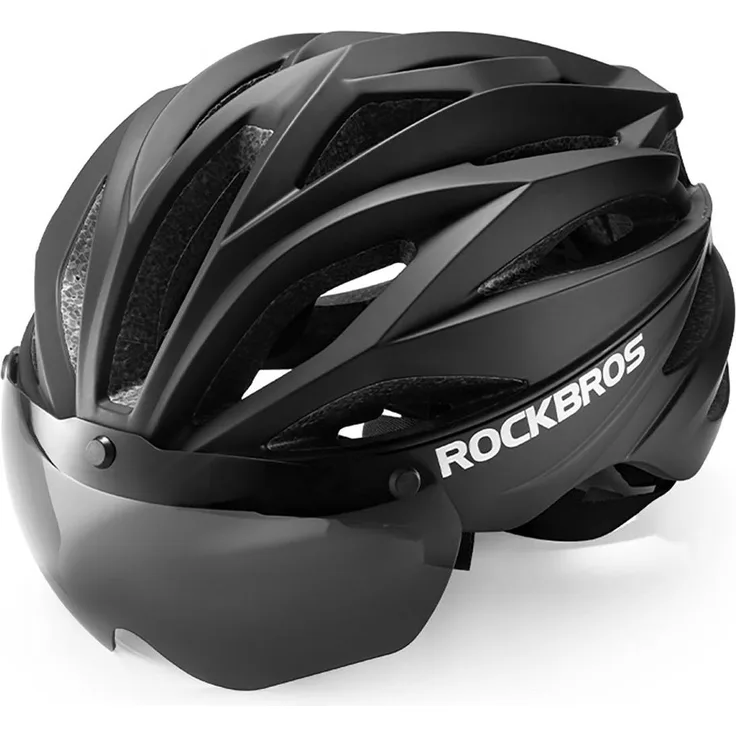 Rockbros Velohelm mit Visier und UV-Schutzbrillen, verstellbar (58 - 62 cm), geruchsabweisend, 305 g, optimierte Belüftung