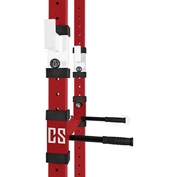 CAPITAL SPORTS Tremendour Power Rack Käfig - Squat Rack Kraftstation, 2 x Safety Spotter: 20-stufig, 4 x J-Hooks, Multigripp-Klimmzugstange, aufsteckbare Dipstangen, Half Rack, rot – Bild 5