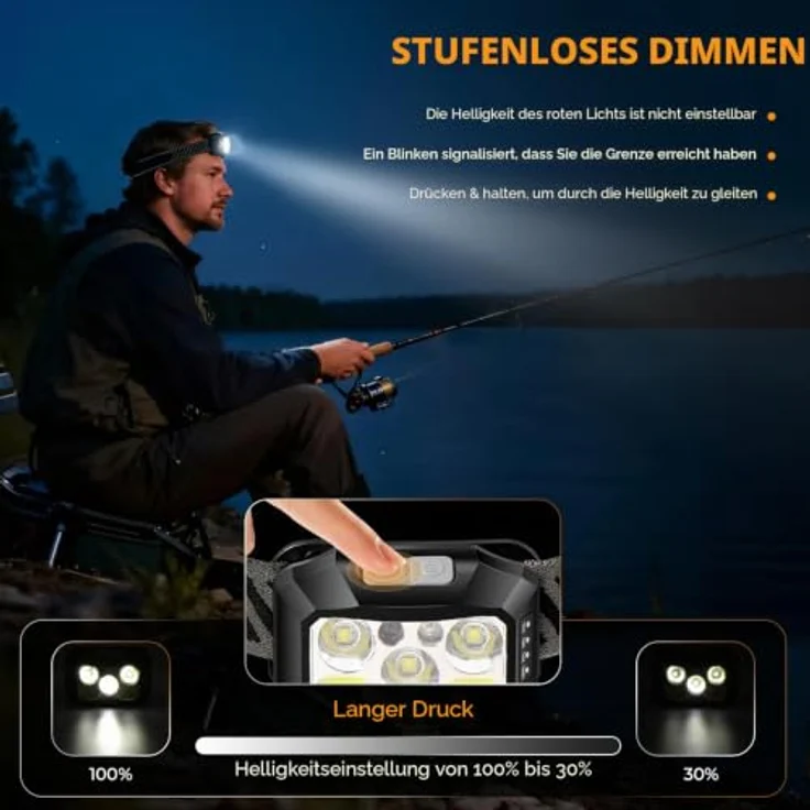 Diboniur Stirnlampe LED, wiederaufladbar, 10 Lichtmodi, IPX5, mit USB-C-Ladefunktion und stufenloser Dimmerfunktion – Bild 4