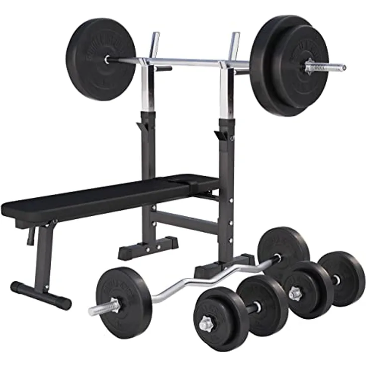GORILLA SPORTS® Hantelbank - mit Ablage und Dip-Station, inkl. Hantelset 100kg, Verstellbar, Klappbar, Schwarz/Weiß - Drückerbank, Fitness Flachbank, Multifunktion, Trainingsbank mit Gewichten - Preisvergleich