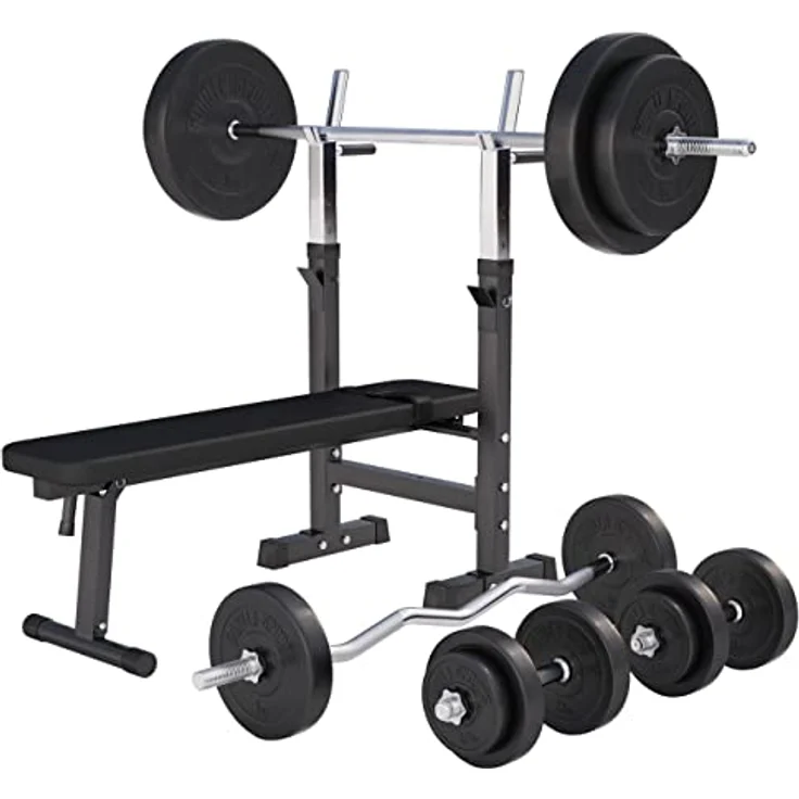 GORILLA SPORTS® Hantelbank - mit Ablage und Dip-Station, inkl. Hantelset 100kg, Verstellbar, Klappbar, Schwarz/Weiß - Drückerbank, Fitness Flachbank, Multifunktion, Trainingsbank mit Gewichten - Preisvergleich – Bild 1