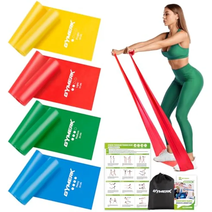 GYMERK Fitnessbänder Set 4er, 1.8M/2M Widerstandsbänder in Gelb, Rot, Grün, Blau, 4 Widerstandsstufen mit Übungsposter und Tragetasche, Ideal für Yoga, Pilates und Muskelaufbau