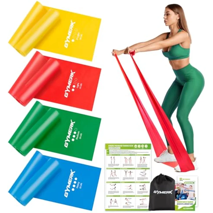 GYMERK Fitnessbänder Set 4er, 1.8M/2M Widerstandsbänder in Gelb, Rot, Grün, Blau, 4 Widerstandsstufen mit Übungsposter und Tragetasche, Ideal für Yoga, Pilates und Muskelaufbau – Bild 1