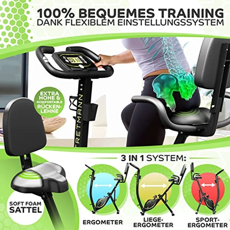 TRETMANN Tretmann NEU 3in1 Heimtrainer Fahrrad klappbar -extra komfortabel& leise- [SoftFoam] DEKRA geprüft - mit tiefem Einstieg Hometrainer Fahrrad Ergometer klappbar – Bild 2