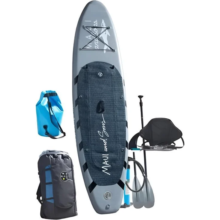 tex idea Stand Up Paddle Board SUP 320 cm, aufblasbar, bis 140 kg, Komplettset Grau, inkl. Zubehör und 3 Finnen