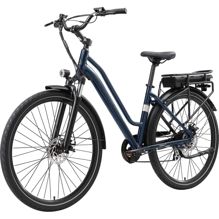 VANKEL Urban-7 E-Bike, Cityrad mit 460WH Akku, 70 km Reichweite, Shimano Kettenschaltung, hydraulische Scheibenbremsen, Aluminiumrahmen in Tiefblau oder Beige