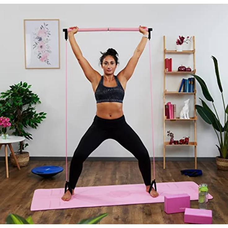 Relaxdays Pilatesstab, 2 Widerstandsbänder mit Fußschlaufe, Pilates-Bar-Set, Yoga, Fitness, Pilates Trainingsgerät, pink – Bild 2