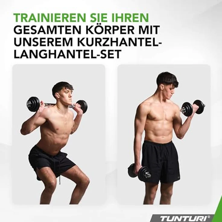 Tunturi Langhantel und Kurzhanteln in 1 - Gusseisen - Set 20 kg - Verstellbare Hantel Set - rutschfester Griff, schwarz – Bild 4