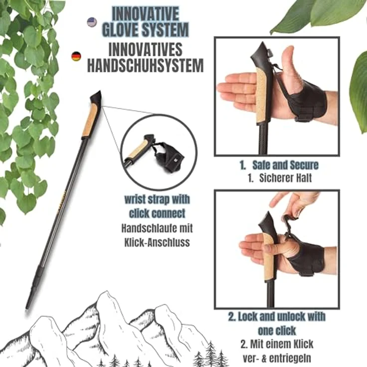 Muawo Premium Nordic Walking Stöcke, ultraleichte 190g, verstellbar 64-135cm Teleskopstange, 100% Carbon mit Anti-Schock-Feder, inkl. 3 Aufsätzen und 2 Gummitellern – Bild 3