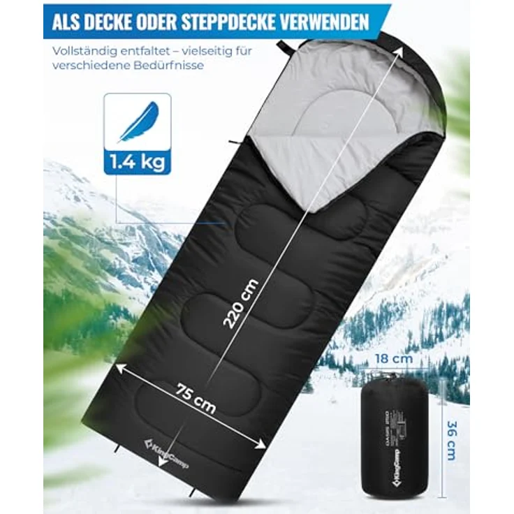 KingCamp Schlafsack Deckenschlafsack 3-4 Jahreszeiten, ultraleicht und warm, schwarz, 220×75cm, komfortabler Reisekomfort für Erwachsene und Kinder – Bild 2