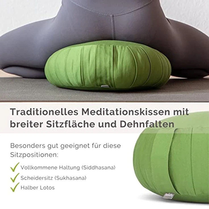 Bodhi Meditationskissen Zafu ECO | Klassisches Traditionelles Yogakissen Rund mit Dehnfalten | Bezug aus 100% Bio-Baumwolle | Hohes Yoga Sitzkissen mit Bio Dinkelfüllung | Sitzhöhe 20 cm – Bild 3