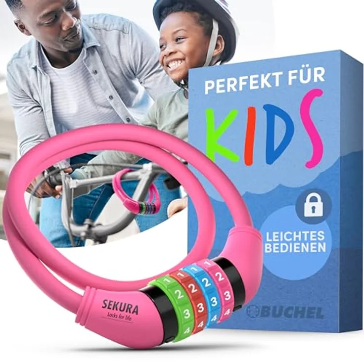 Büchel Sekura Fahrradschloss Kinder, Zahlenkombinationsschloss in Pink, 4-stellig, 65cm Länge