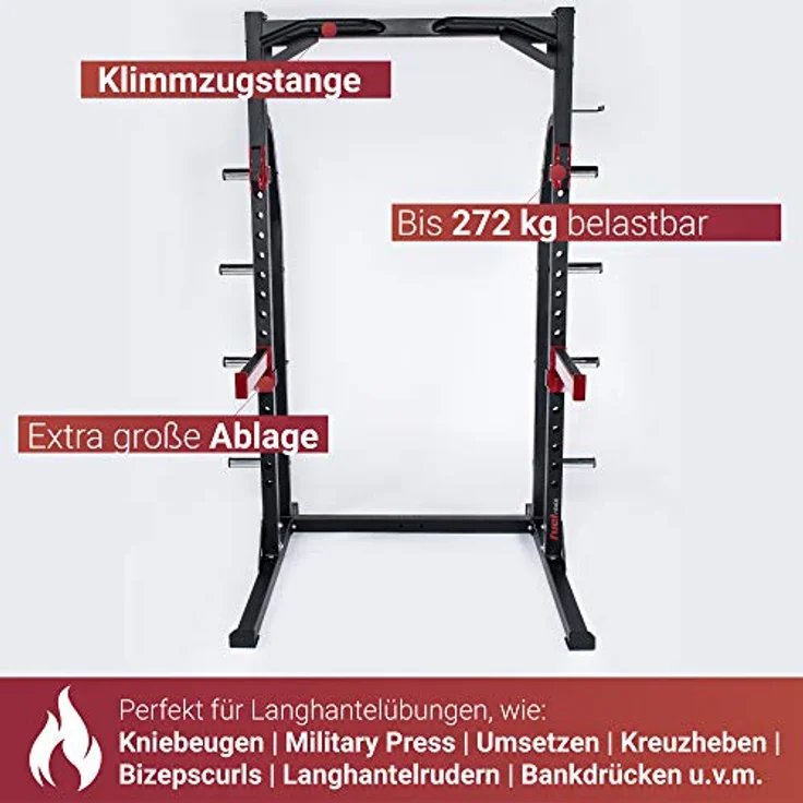 Fuel Fitness Half Cage HR400 Verstellbarer Kniebeugeständer mit Sicherheitsablagen und Hantelscheibenständer, Squat Rack, Kniebeugeständer mit Klimmzugstange, belastbar bis 272kg – Bild 3