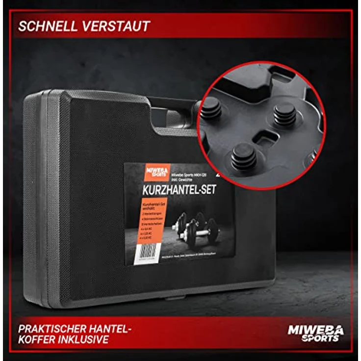 Miweba Sports Hantelset MKH120 | 20kg - 𝐏𝐫𝐨𝐟𝐢 Hanteln mit Koffer - Frauen und Männer - Hantel Set - Hantelkoffer - Kurzhanteln - Gusseisen Hantelscheiben - Ergonomischer Griff - Einzelhanteln – Bild 5