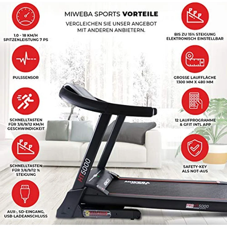 Miweba Sports elektrisches Laufband HT5000 - Incline bis 15% - Große Lauffläche – 3,5 PS - 18 km/h - 12 Laufprogramme - Innovatives Dämpfungssystem – Klappbar (Schwarz) – Bild 2