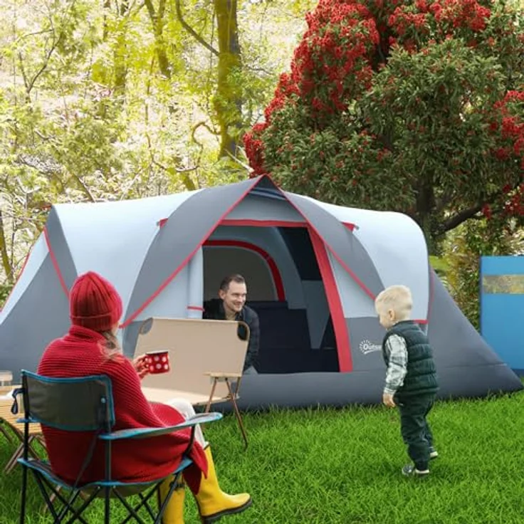 Outsunny Campingzelt für 5-6 Personen stabil wasserdicht Familienzelt mit Eingang Fenster Packtasche, Tunnelzelt Kuppelzelt für Camping Reise Garten, Hellgrau – Bild 2