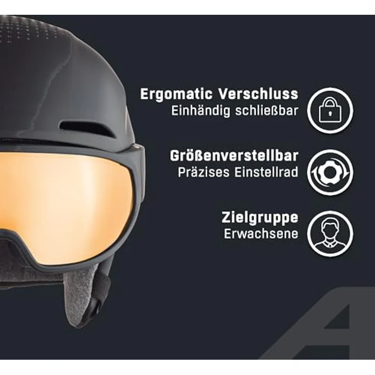 ALPINA Alto Q-LITE Skihelm, stoßabsorbierend & individuell anpassbar, kontrastverstärkendes Visier, Black matt (Gold Mirror), S (51-55 cm) – Bild 3
