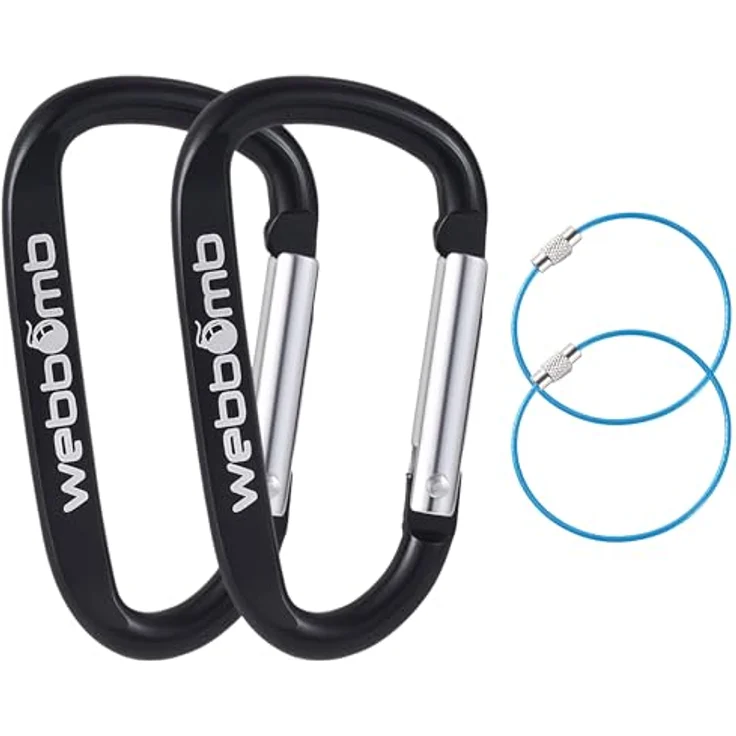 WEBBOMB® 2X Karabiner Haken 6,7 cm Schnappverschluss mit 2X Edelstahl-Drahtseil Schlüsselringen für Camping, Wandern, Angeln, Schwarz