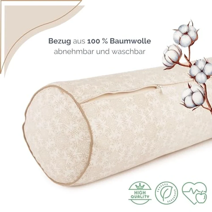 Bodhi Yoga Bolster Ø 23 cm | Maharaja Collection | Abnehmbarer & Waschbarer Bezug aus 100% Baumwolle | Yogarolle mit Bio-Dinkelfüllung | Yogakissen für Restorative & Yin Yoga (Madurai/Ecru) – Bild 2