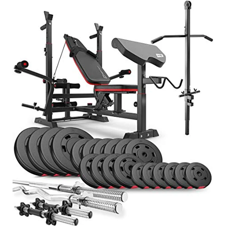 HS HOP-SPORT Hantelbank Kraftstation HS-1075 mit Lang-, Curl- & Kurzhantel Gewichte 75kg bis 173kg + Latzug (105kg) – Bild 1