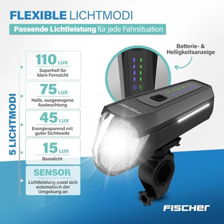 Fischer Fahrrad LED-Frontlicht 110 Lux, mit Sensormodus, Leuchtweiteneinstellung, bis zu 20 Stunden Leuchtdauer, schwarz – Bild 5
