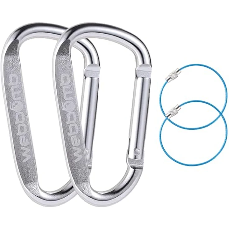 WEBBOMB® 2X Karabiner Haken 6,7 cm Schnappverschluss + 2X Edelstahl Drahtseil Schlüsselringe, Silber, für Camping, Wandern und Angeln