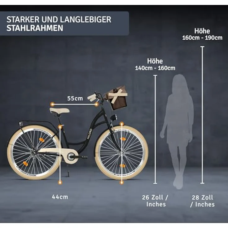 Milordbikes City-Fahrrad, Schwarz und Creme, Metall, 46 cm, leicht rollende City-Reifen, mit hinterem Träger – Bild 3