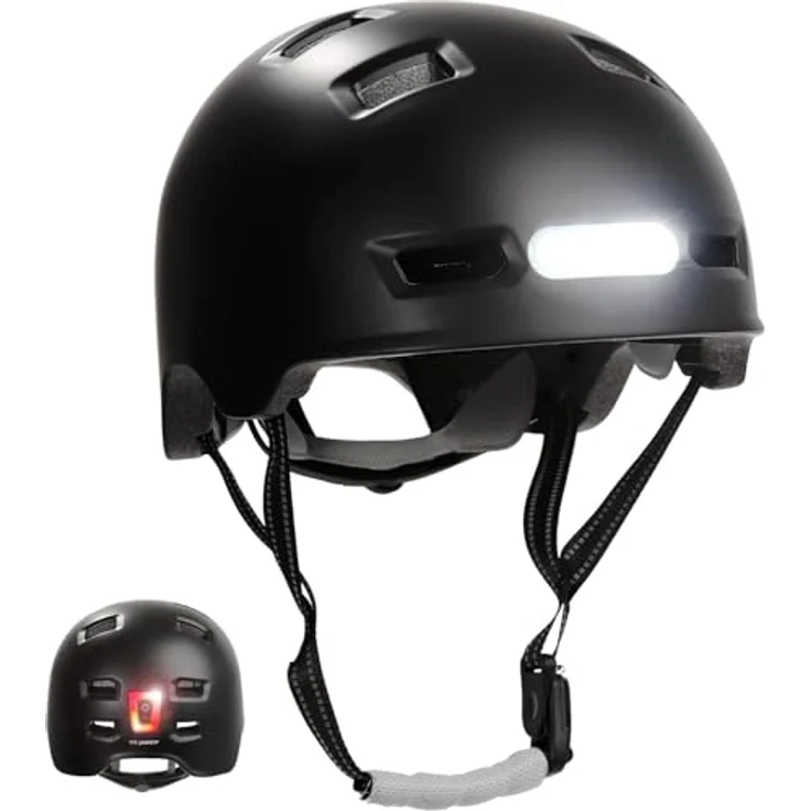 Crazy Safety Urban Fahrradhelm, Schwarz, mit integrierten Front- und Rücklichtern, Größe M (54-57 cm) – Bild 1