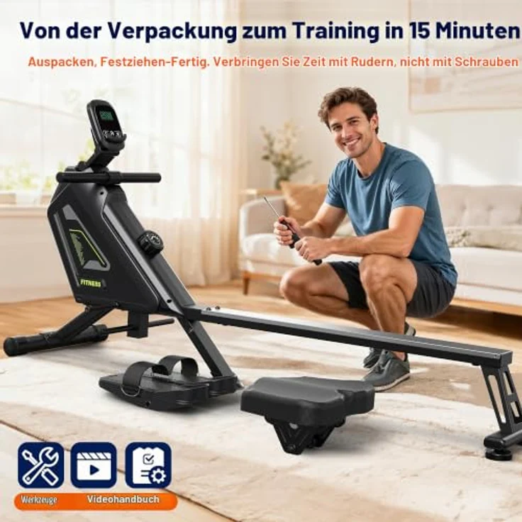 VOWVIT Rudermaschine magnetisch, 16 Widerstandsstufen, leise, App-kompatibel, bis 160 kg, Schwarz/Holzmaserung – Bild 8