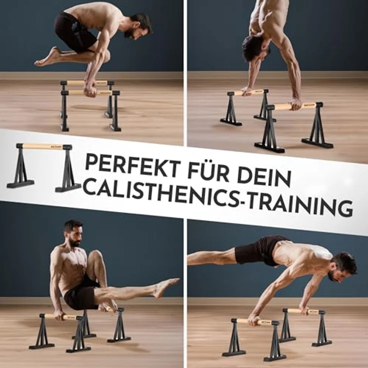 NEOLYMP Parallettes Holz, Calisthenics Liegestützgriffe aus massivem Buchenholz & Stahl, rutschfest und ergonomisch, 2 Höhen (10 cm & 30 cm) – Bild 4
