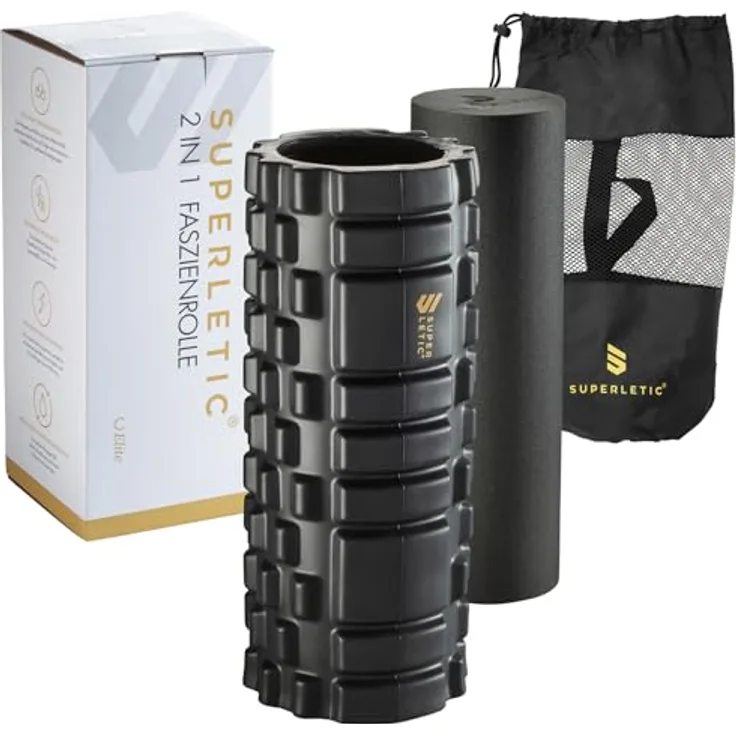 SUPERLETIC Faszienrolle Set 2In1 Elite, Massagerolle mit 96 Massagenoppen für Wirbelsäule, Rücken und Beine, ideal für Faszientraining und Pilates