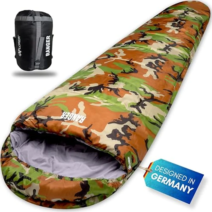 EXPLORER Ranger Schlafsack Mumienschlafsack 3-4 Jahreszeiten -18°C +3°C, 350GSM, Camouflage, 230x80x55cm, leicht und kompakt, ideal für Outdoor, Camping und Trekking – Bild 1