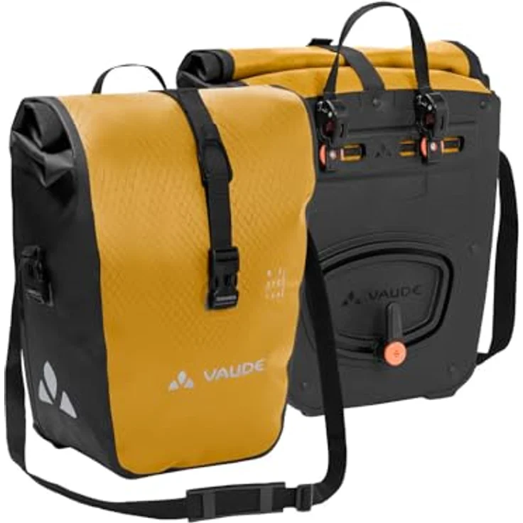 VAUDE Aqua Front (Rec), wasserdichte Fahrradtasche mit 2 Vorderradtaschen (2x14L), geräumiges Hauptfach, abnehmbarer Schultergurt, in gelb – Bild 1