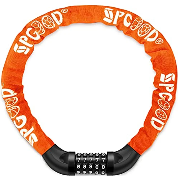 SPGOOD Fahrradschloss, gehärtete Stahlkette, 5-stelliges Zahlenschloss, 830 mm Länge, orange – Bild 1