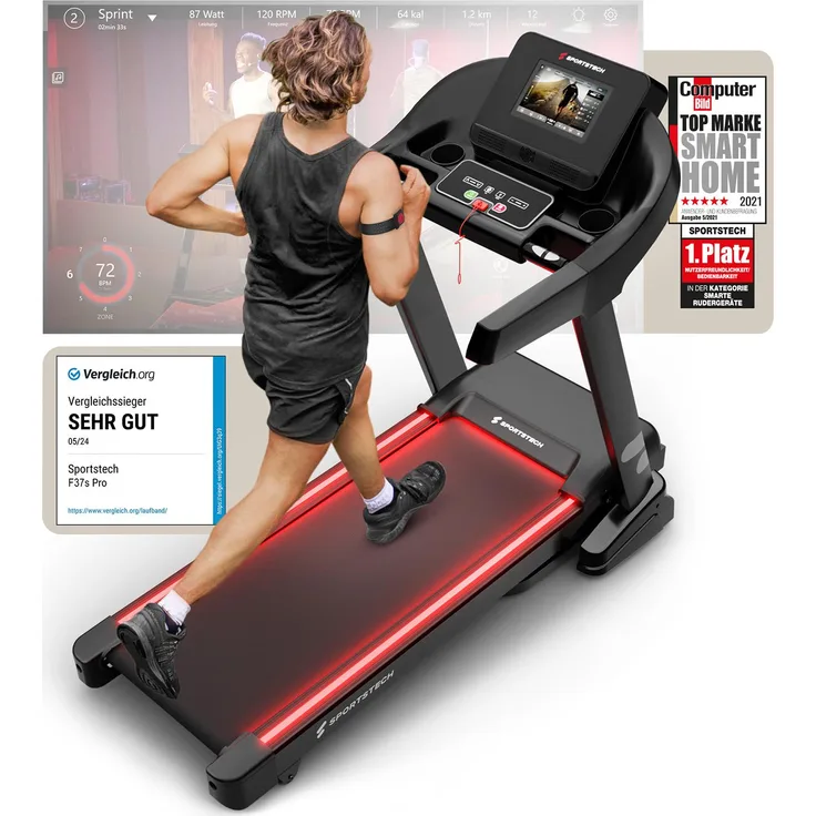 Sportstech F37s Pro Laufband klappbar, 20 km/h, 7 PS, 15 Steigungslevel, App-kompatibel, 150 kg, 10,1" Touchscreen