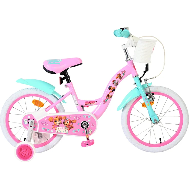 Volare Paw Patrol Kinderfahrrad, 16 Zoll (40,6 cm) mit Rücktrittbremse, Handbremsen, abnehmbaren Stützrädern und Frontkorb, rosa