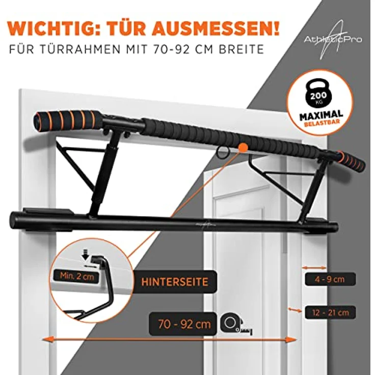 AthleticPro - Klimmzugstange Türrahmen -Wandmontage- Stark belastbare Pull up bar [bis 200 KG]- Türreck ohne Aufbau - 20 cm höher im Rahmen - Auch für Dips&Push Ups - Preisvergleich – Bild 2
