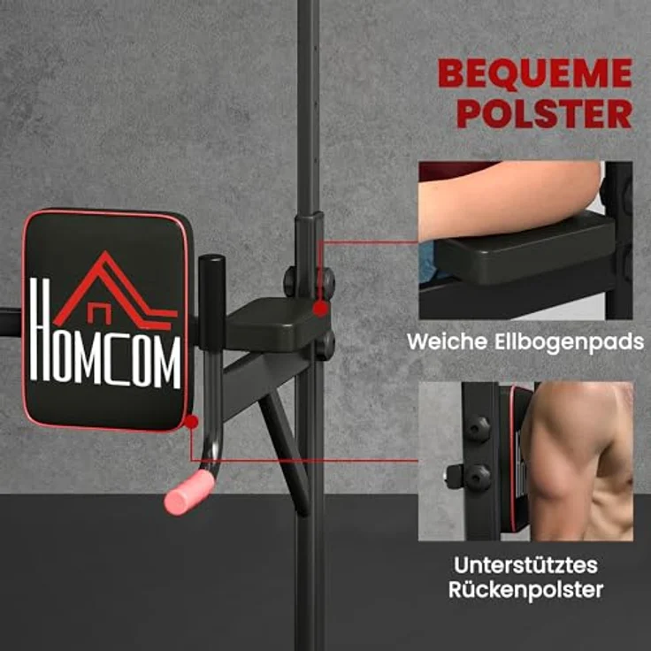 HOMCOM Power Tower, höhenverstellbare Dip Station mit Klimmzugstange und 4 Saugnäpfen, Schwarz-Rot, max. 120 kg belastbar – Bild 4