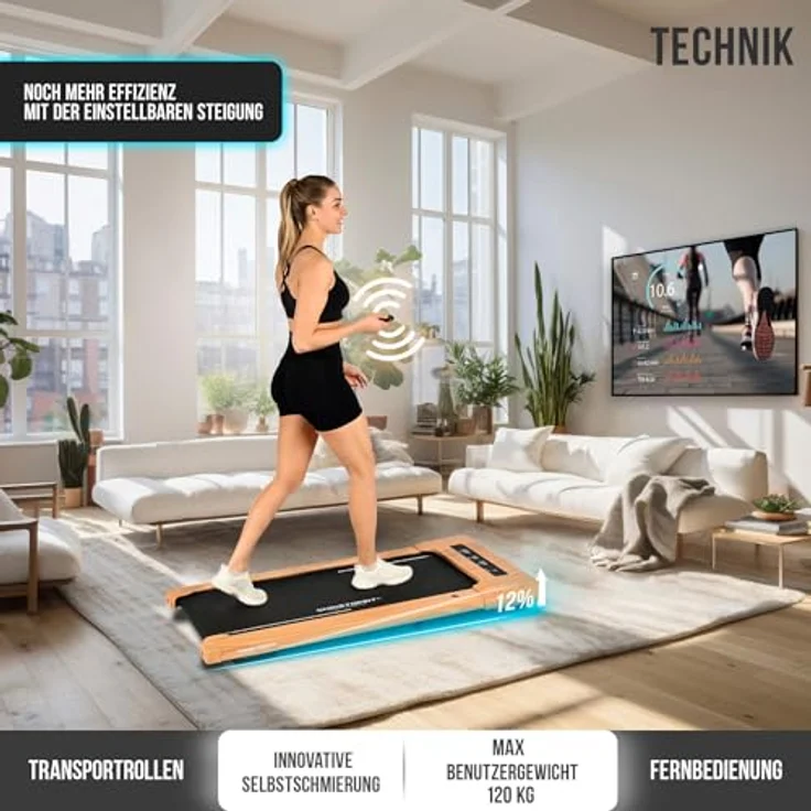 Christopeit Walking Pad 4.2, ultraflaches Laufband (11 cm), bis 6 km/h, 7 Programme, LED-Display, Fernbedienung, Bluetooth, Pulsmessung, kompatibel mit Kinomap/Zwift/Fithome, bis 120 kg, platzsparend – Bild 2