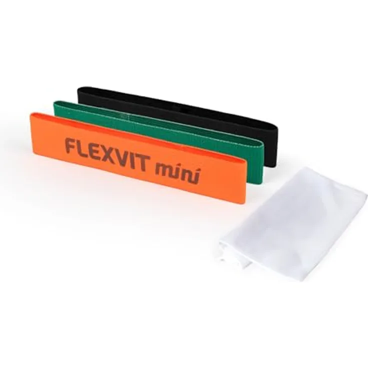 FLEXVIT Mini 3er Set Athlete, Widerstandsband-Set mit mittlerem bis sehr starkem Widerstand, für Sportler, orange (Core), grün (Fitness), schwarz (Elite) - Made in Germany