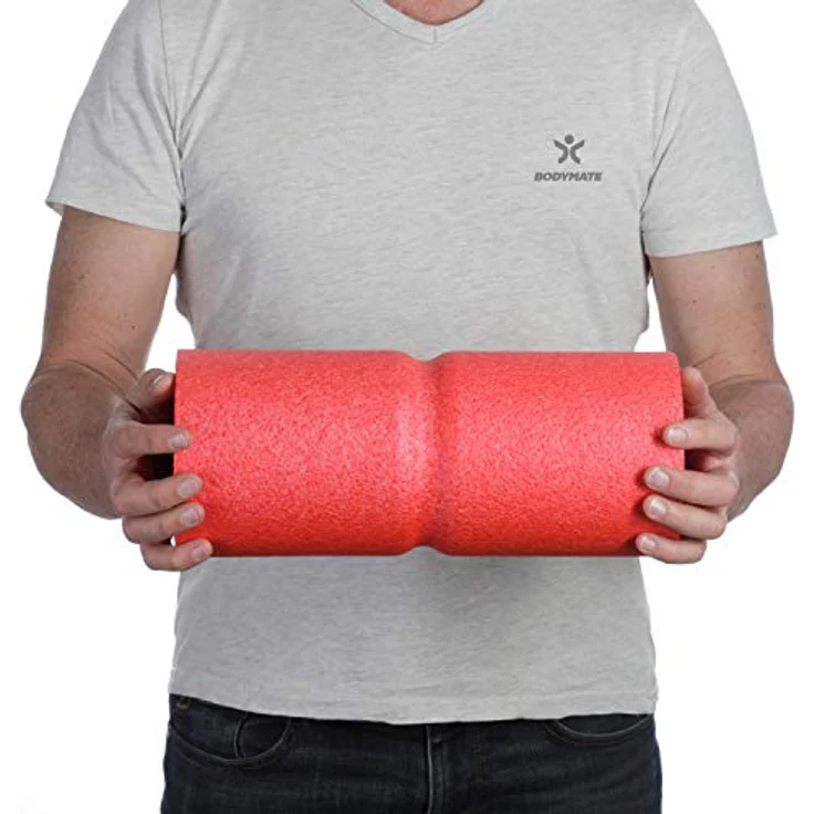 BODYMATE Faszienrolle CARE Mittel-Hart mit umlaufender Rille zur Wirbelsäulen-Entlastung, E-Book inklusive, Pepper-Red, 35x14cm – Bild 3